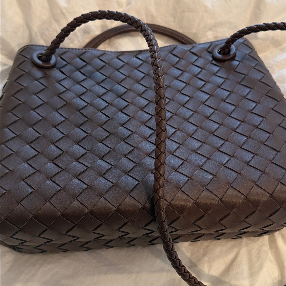 Brown Woven Leather Tote with Gold Accent - Picture 4 of 7